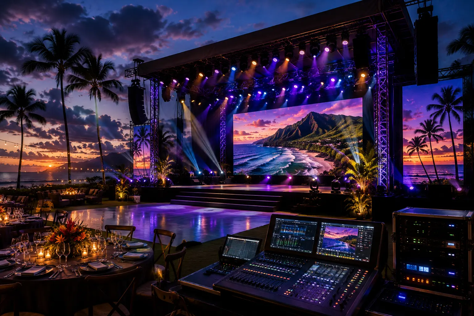 Audio and video control position facing a lit stage