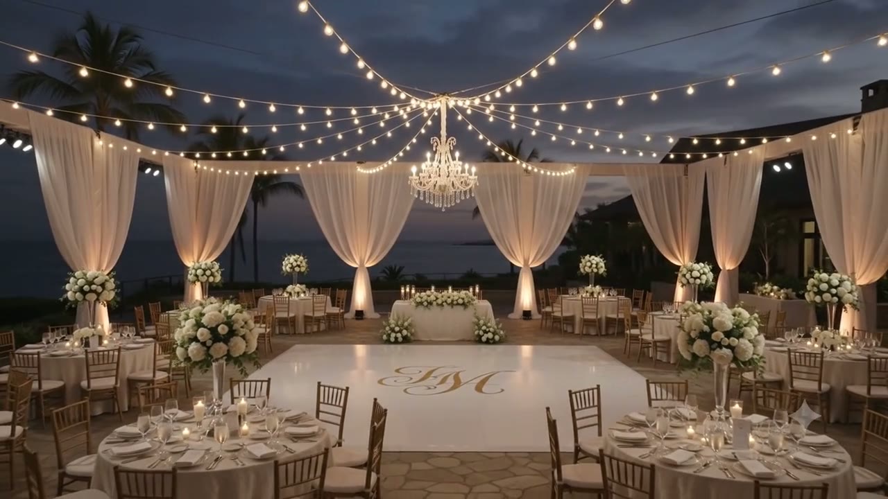 Aerial pass over a fully draped reception space with a lit dance floor
