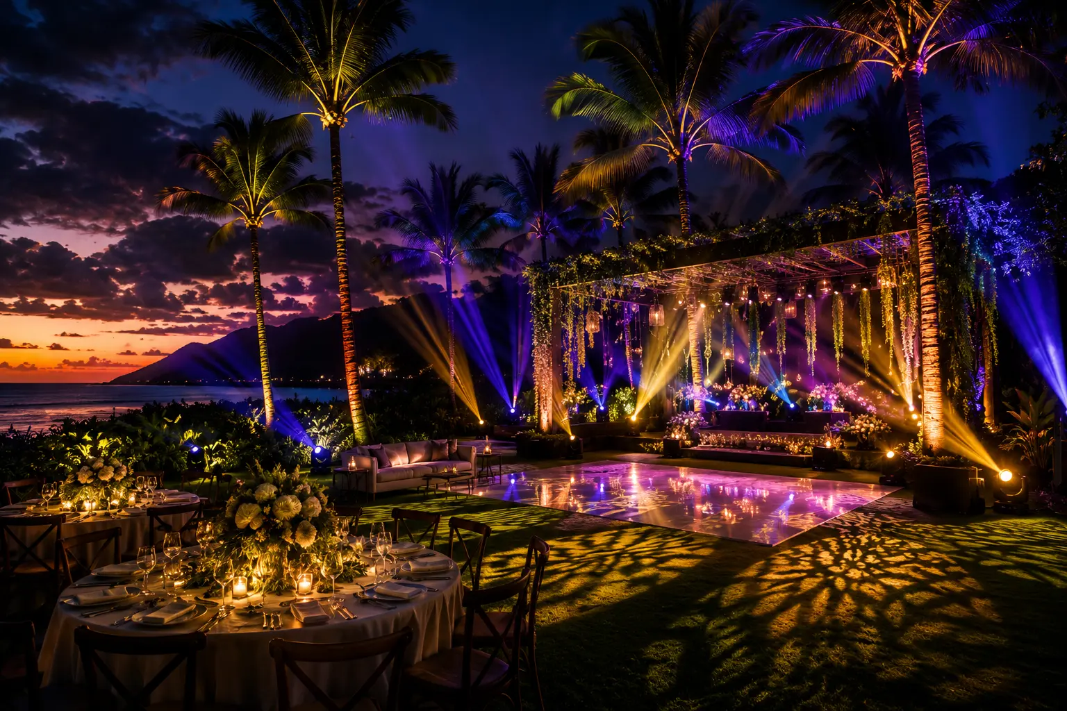 Palms and a reception washed in colored uplighting